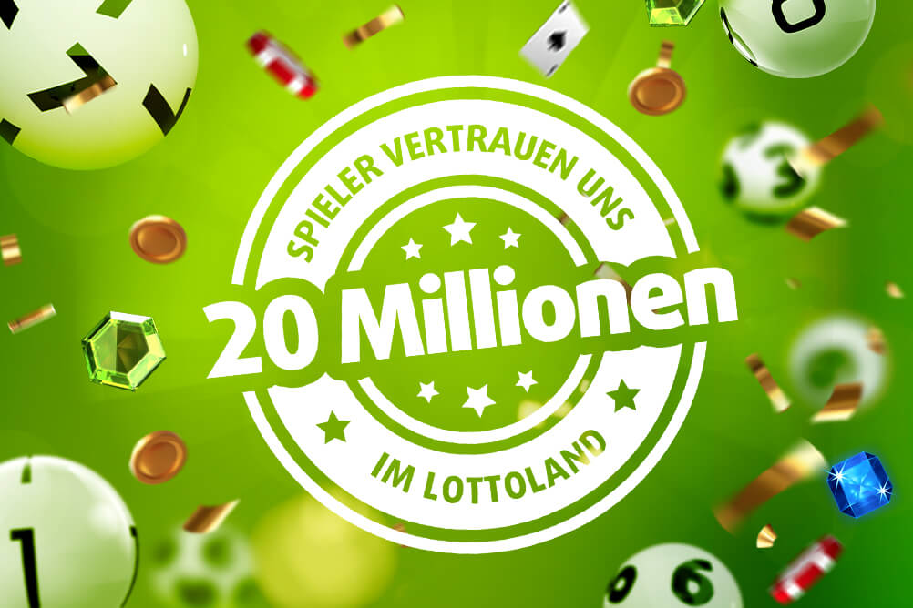 Bild zeigt Lottokugeln und in der Mitte "20 Millionen Spieler vertrauen uns im Lottoland"