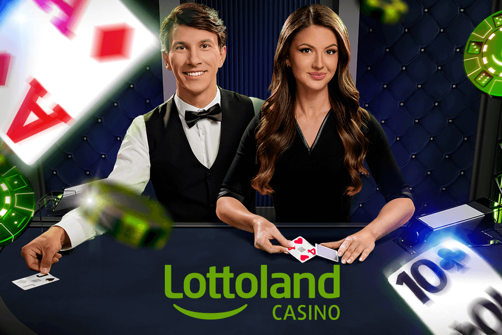 Bild zeigt einen Blackjack Tisch mit zwei Croupiers und dem Lottoland Casino Logo